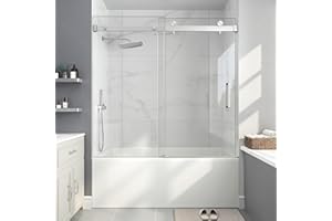 EASYWORC Frameless Bathtub Shower Door, 55-60" W x 60" H Sliding Tub Shower Door, 1/4''(6mm) SGCC Tempered Glass with Explosion-Proof Film Nano Coating in Brushed Nickel Finish