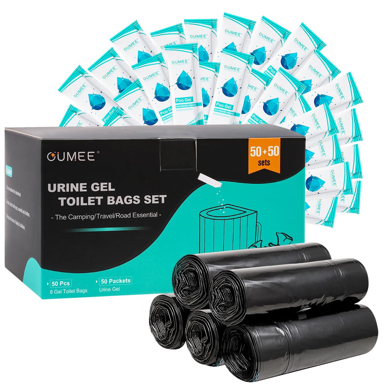 Photo 1 of 100 Portable Toilet Bags with Poo Gel Set, 8 Gallon Camping Toilet Bags with Absorbent Gels, Waste Bags, Leak-Proof Trash Bag for Camping Potty, Traveling (Black-50Bags+350Urine Gel)