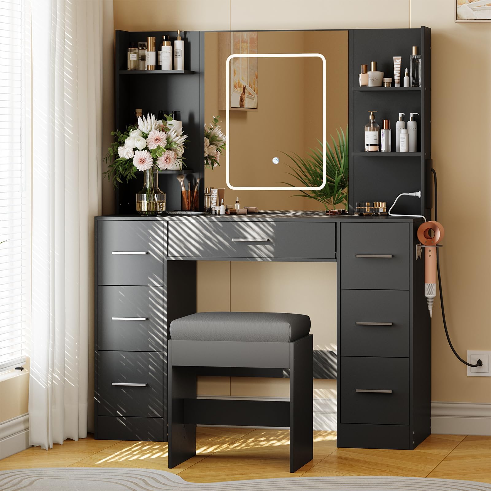 Photo 1 of *Only box B is included, Missing box A *** *Garvee Makeup Vanity with Mirror and Chair, Power Outlet, Hairdryer Holder, 7 Drawers, 3 Lighting Modes Brightness Adjustable Dressing Table for Bedroom (Jet Black)