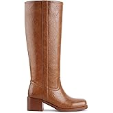 Gothictor Women's Brown Knee High Boots Square Toe Chunky Block Heel Comfortable Low Heel Pull on Wide Calf Riding Boot for Women Saddle Brown 7.5
