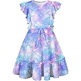 Funnycokid Girls Ruffle Sleeve Dress Kids Summer Clothes Flutter Hem Sundress Outfit with Belt 6-13 Years
