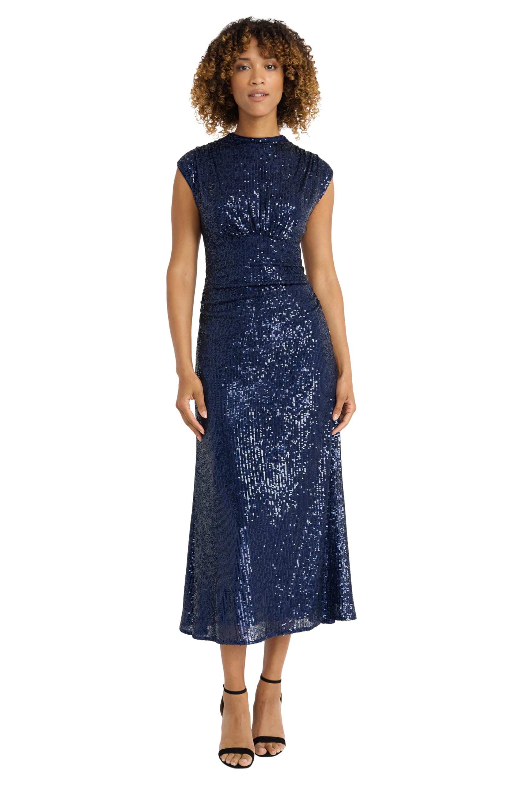 Maggy London Sleeveless High Neck A-Line Midi Birthday, Cocktail, Sequin Dress for Women, Navy