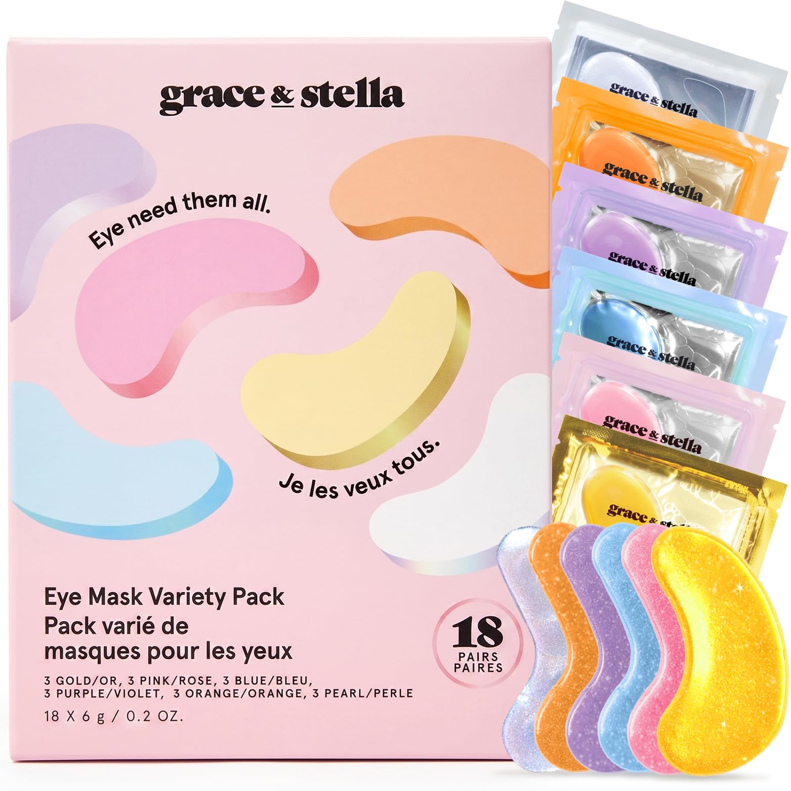 grace & stella Under Eye Patches Variety Pack - With 6 Colors (18 Pairs) | 3 Pairs of Under Eye Masks Per Color - Gift Set fo