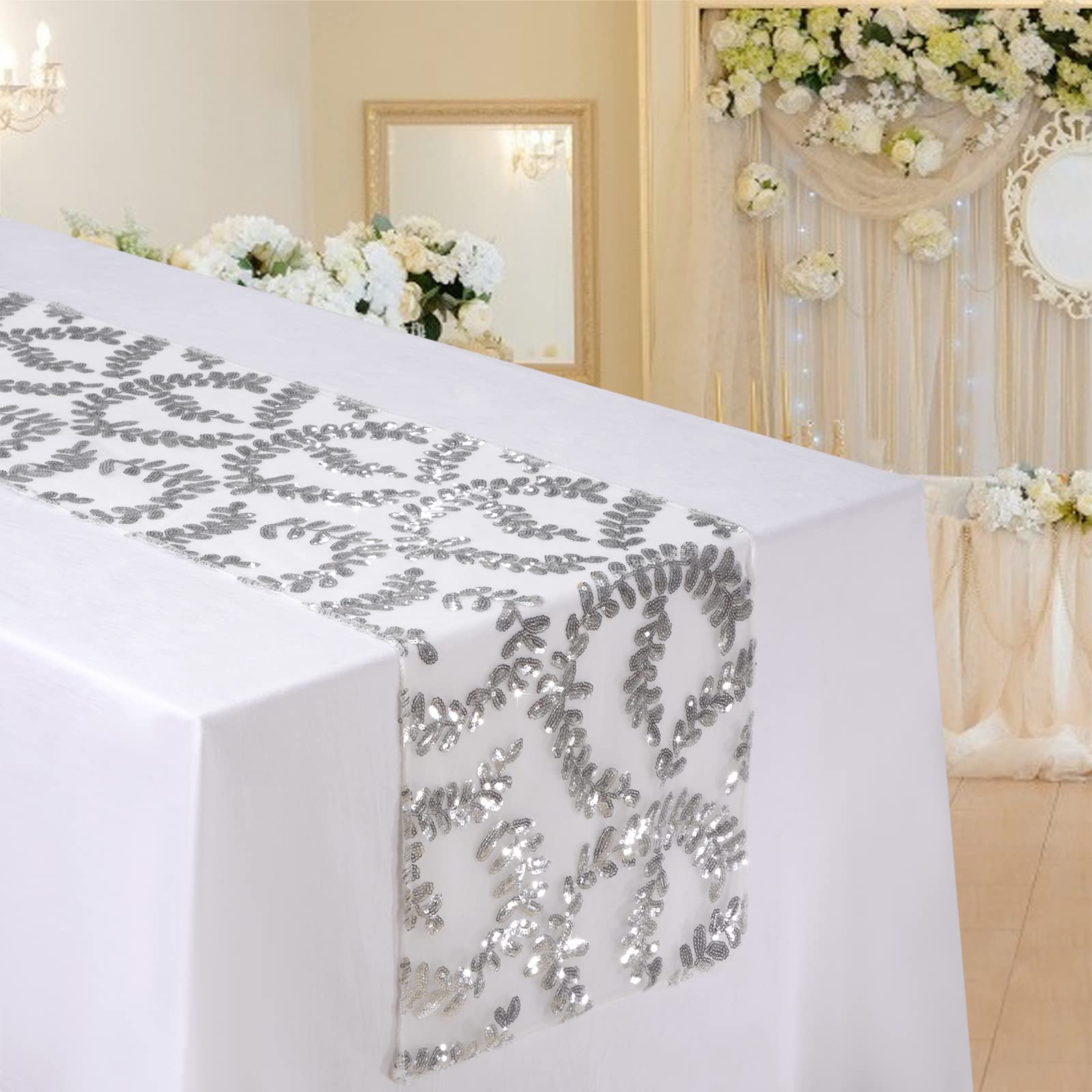 MengH-SHOP Table Runner Sequins Silver Leaves Pattern Tablecloths Table Flag Decoration for Party Wedding Birthday Baby Showers 30 x 280 cm