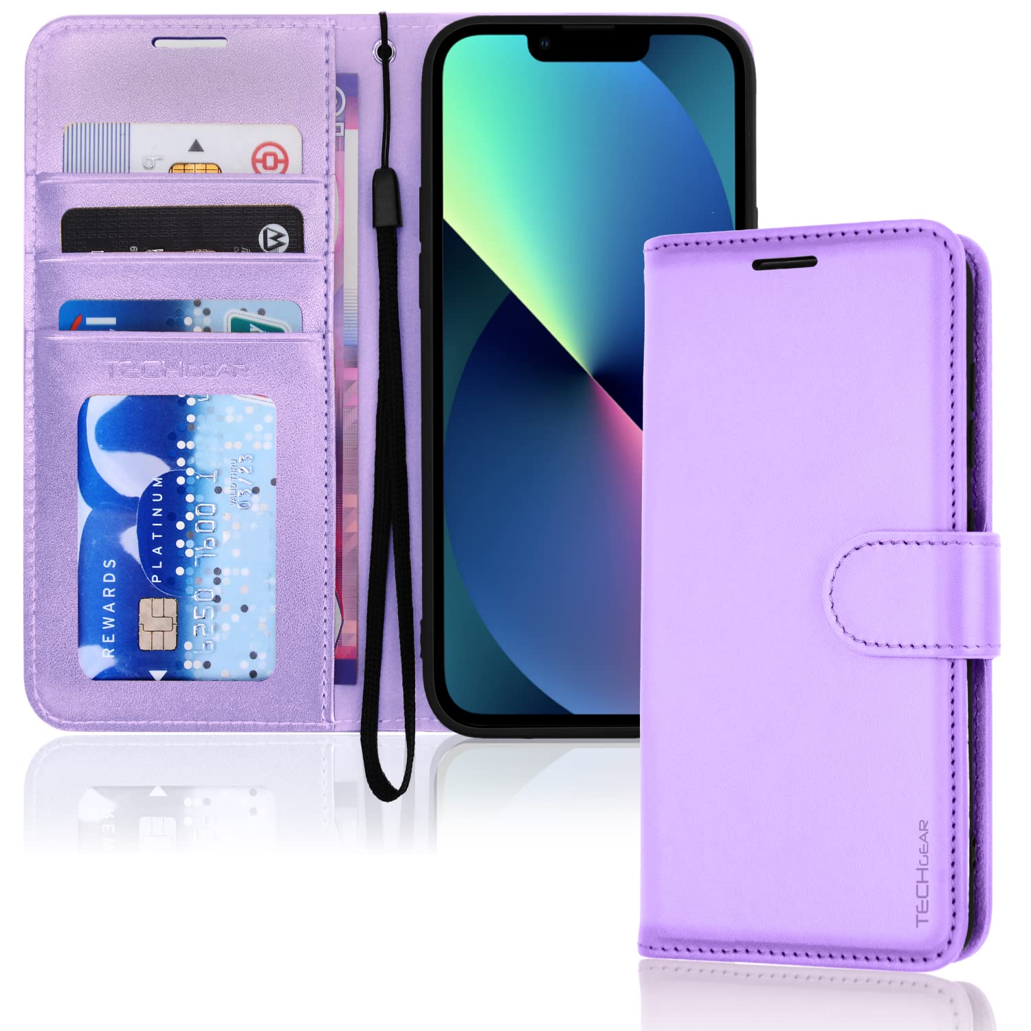 TECHGEAR iPhone 14 Plus Leather Wallet Case, Flip Protective Case Cover with Wallet Card Holder, Stand and Wrist Strap - Purple PU Leather with Magnetic Closure Designed for iPhone 14 Plus 6.7" — image 1