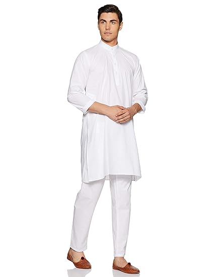 Men's Cotton Straight Regular Fit Kurta Pyjama Set (White)