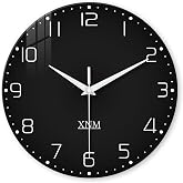 XNM Black Glass Wall Clocks Battery Operated 12 Inch | Modern Analog Minimalist Wall Clocks for Living Room Bedroom Kitchen Office Simple Wall Clock Non Ticking