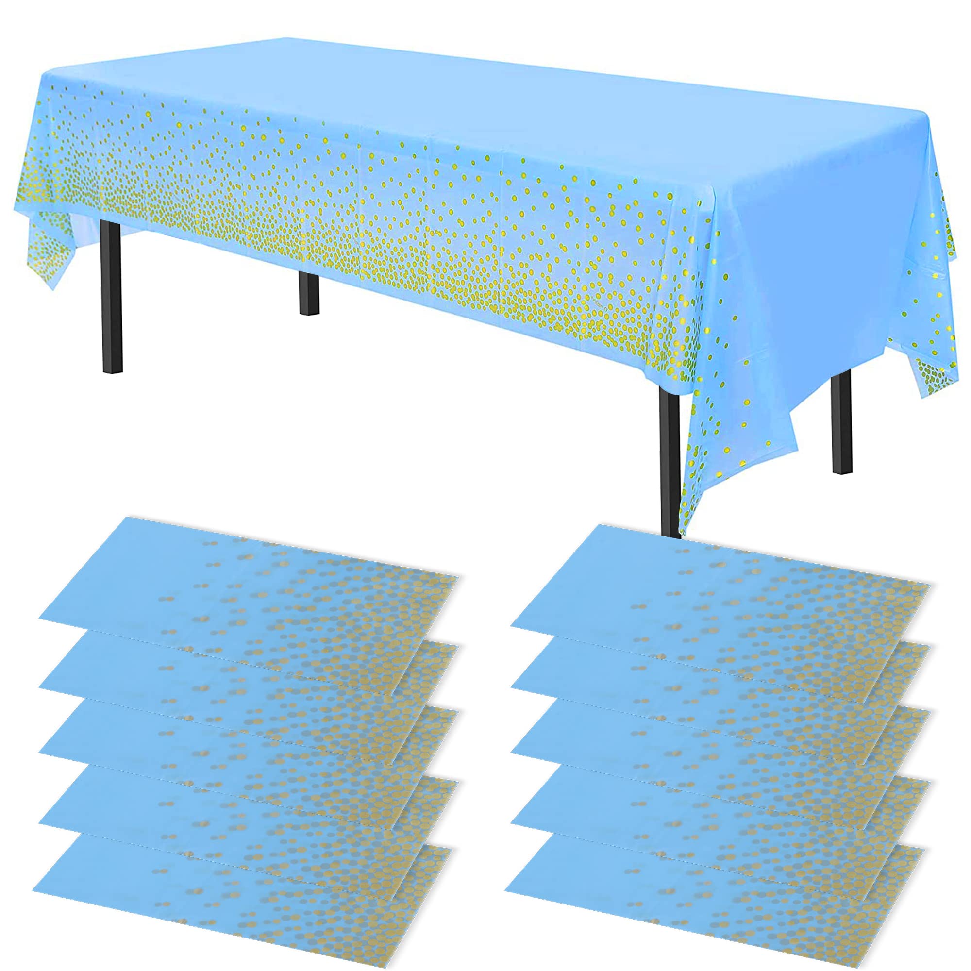 Time to Sparkle 10 Pack Plastic Tablecloths 54" x 108" Plastic Dining Table Cloth Premium Rectangle Table Cover for Parties Wedding Banquet etc Indoor Or Outdoor(Blue/Gold)