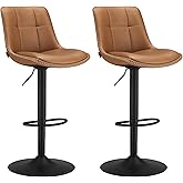 VASAGLE Bar Stools, Set of 2 Swivel Bar Chairs, Adjustable Height, Quilt, Synthetic Leather Kitchen Stools with Back and Foot