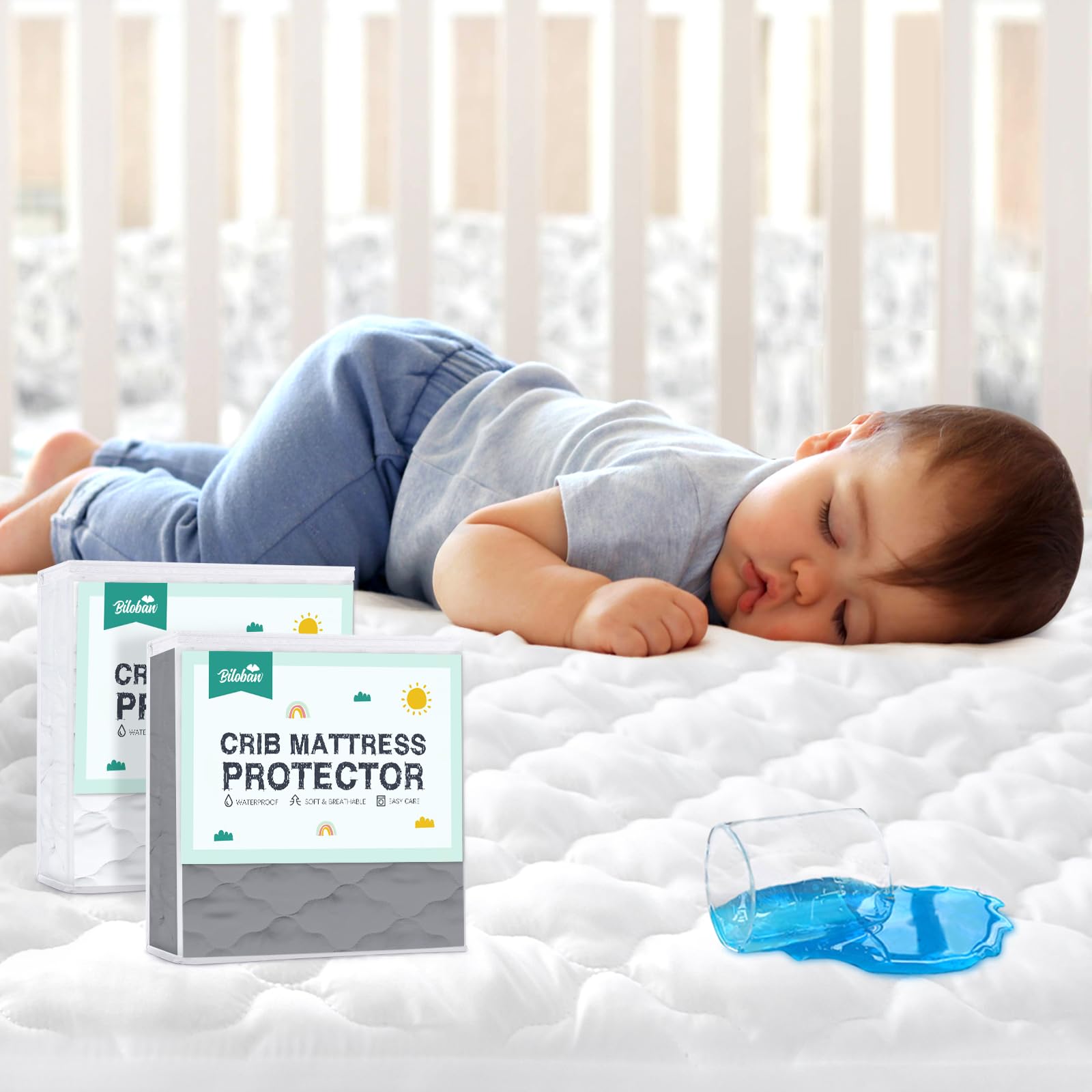 Photo 1 of 2 Pack Crib Mattress Protector Sheets, Fitted Waterproof Mattress Pad Cover, Noiseless & Machine Wash 100% Absorbent Crib/Toddler Mattress Protector Sheet Quilted, White & Gray, 52" x 28"