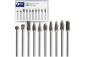 PRO EDGE TECHNOLOGY 10Pcs Carbide Burr Bits Set 1/8" Shanks for Dremel Rotary Tool Accessories with Double-Cut Die Grinder Bits for Metal Wood Stone Polishing Wood Working Carving Porting with Clear Storage Case