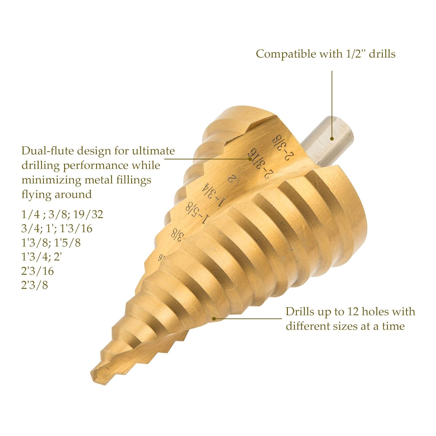 CO-Z Large HSS Spiral Groove Step Drill Bit, 12 Sizes Titanium High Speed Steel 1/4" to 2-3/8" Drill Bit for Sheet Aluminium Metal Wood Hole Drilling, Big Multiple Hole Stepped Up Bit for DIY Lovers: Industrial & Scientific