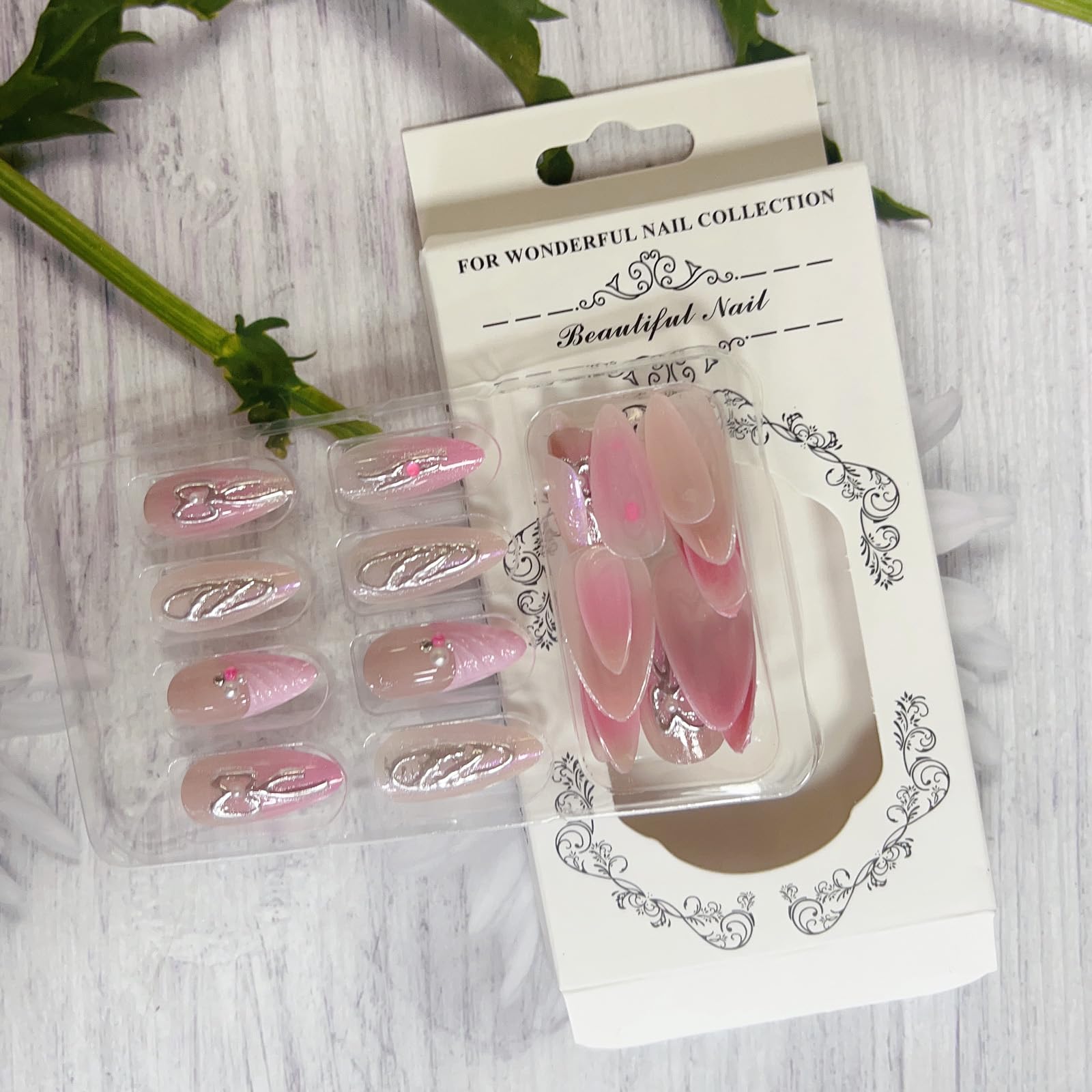 LPOODDNU Handmade Press on Almond Shape Fake Nails - 3D Pink Glue on Nails with Bow-knot Charm Pearl Designs - Glossy Pink False Nails - Cute Stick on Nails - Medium Length for Women, 24Pcs - Image 6