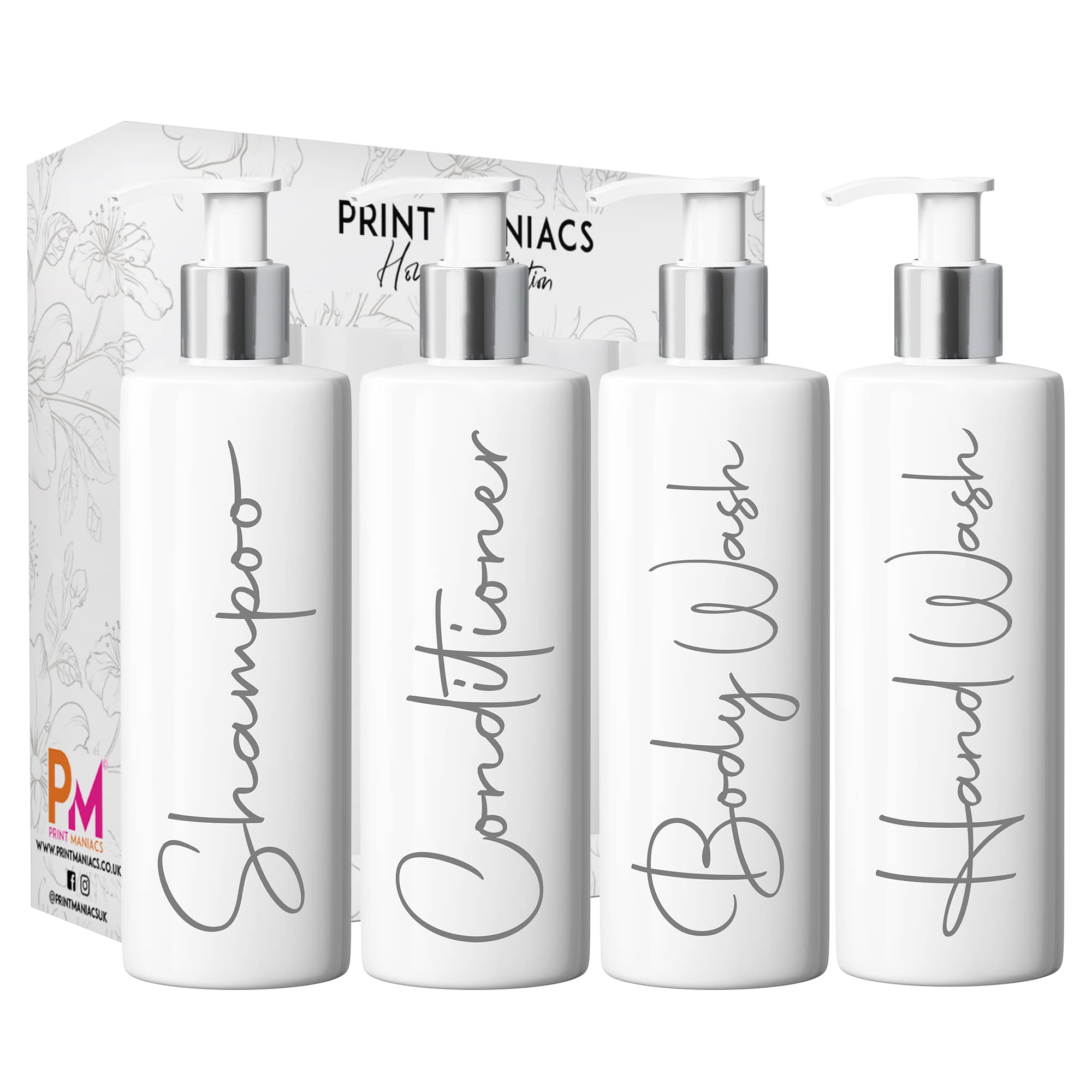 Print Maniacs White Mrs Hinch Inspired Personalised 500ml Pump Bottles Bathroom Lotion Kitchen Set Shampoo Conditioner (Hand Wash Set, F2) (Grey)