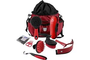 Harrison Howard Horse Grooming Brushes Kit 7 pieces with Organizer Tote Equine Care Series Horse Brush Sets Red