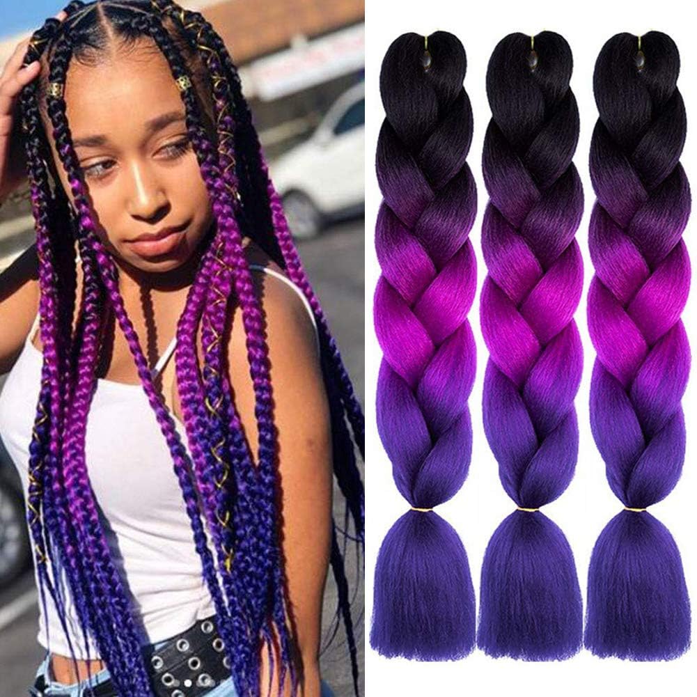 ColorfulPanda 3pc/pack 24inch Synthetic Ombre Jumbo Braiding Hair Extension Heat Resistant Synthetic African Box Braids Crochet Twist Braided hair(Black Purple Red Blue)