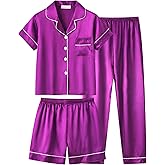 UNICABBIT21 Satin Summer Pajamas for Big Girls Unisex Kids Silk Button Down Short Sleeve & Shorts PJS 3PCS Size 8-16