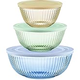 Pyrex Colors Tinted (3-Pack, Full Set) Sculpted Tinted Glass Mixing Bowls With Lids, Nesting Space Saving Set of Bowls For Prepping and Baking, 1.3QT, 2.3QT & 4.5Q