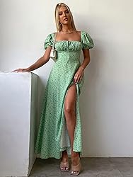 Women's Summer Puff Sleeve Floral Split Maxi Dress