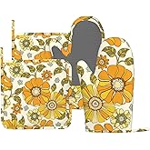 MIFSOIAVV Retro 70s Style Flower Oven Mitts and Pot Holders Sets Silicone Kitchen Mitts Potholders Heat Resistant 4Pcs Oven Gloves Hot Pads for Kitchen Baking Cooking BBQ Grilling