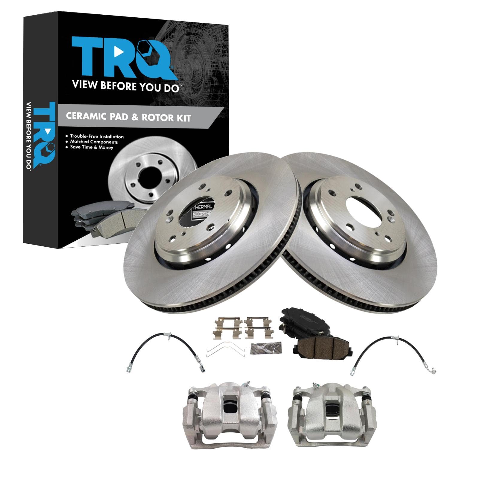 TRQ Front Brake Pad and Rotor Set Ceramic Calipers Hoses Compatible with 2016-2017 Honda Accord Touring Accord Sport Image