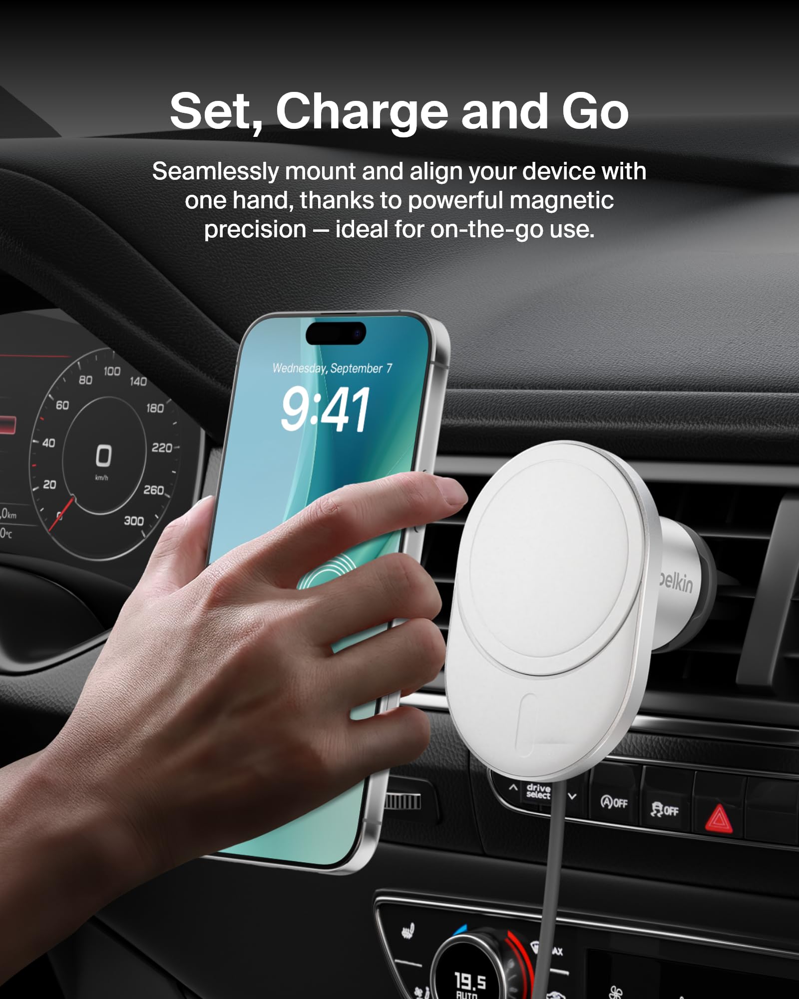 Belkin MagSafe-Compatible Wireless Car Charger 15W, Fast Charging Wireless Charger - Powerful Magnetic Vent Holder for iPhone 17, 16, 15, 14, 13 Series, Pixel 10, Secure Car Phone Mount - White