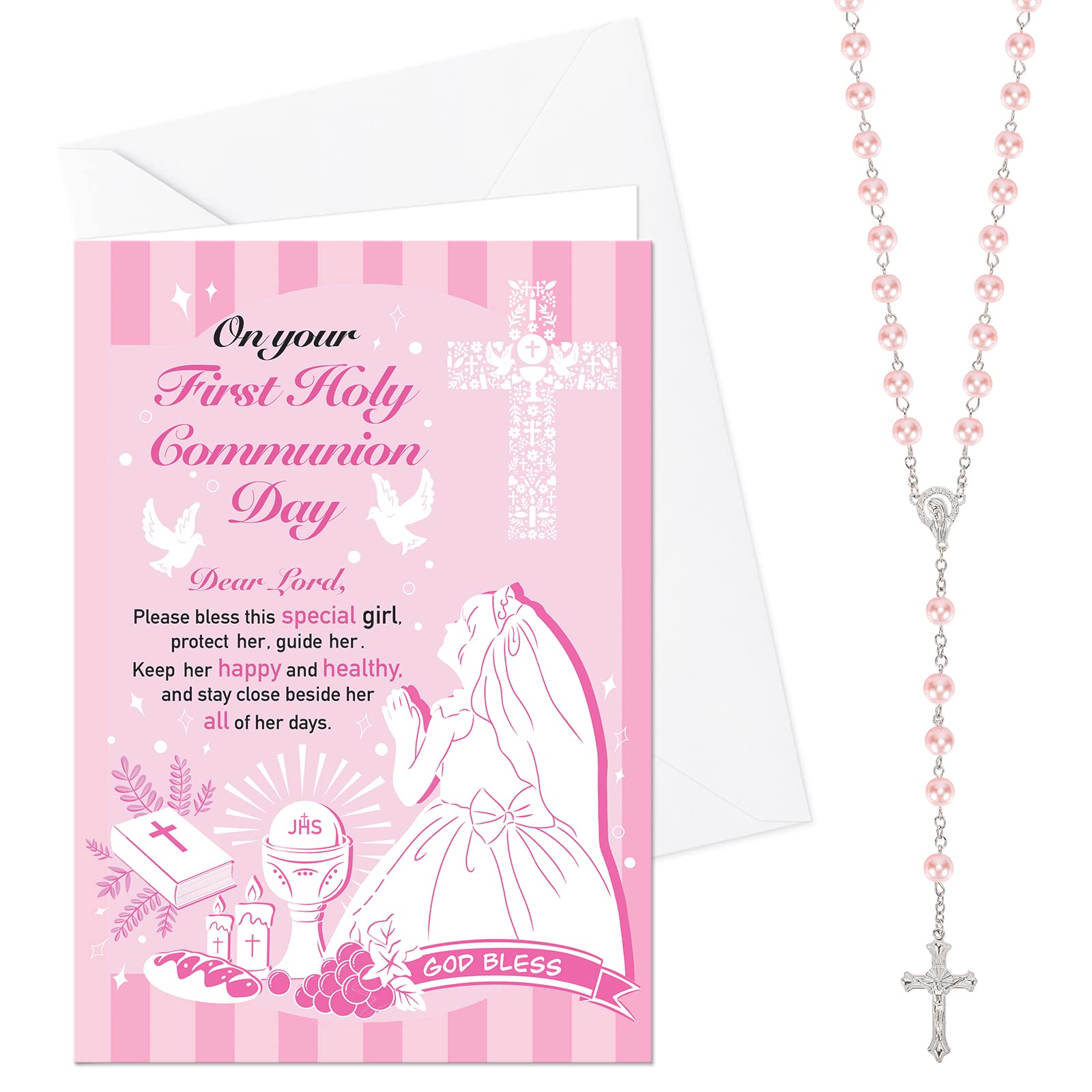 HOWAF First Holy Communion Card for Girls, Congratulations Card & Rosary Beads Catholic Pearl Cross Necklace for First Holy Communion Gifts for Girls, Daughter, Granddaughter, Pink