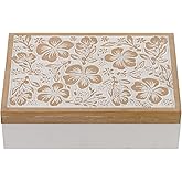 Synovana Wooden Keepsake Box - Decorative Floral Wood Boxes with Hinged Lid, Flower Engraved Design, 10.24" W
