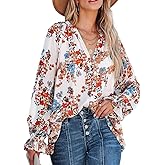 MLEBR Womens Blouses Spring Fashion Casual V Neck Long Sleeve Blouses Tops Floral Printed Flowy Tunics Tops for Women White S