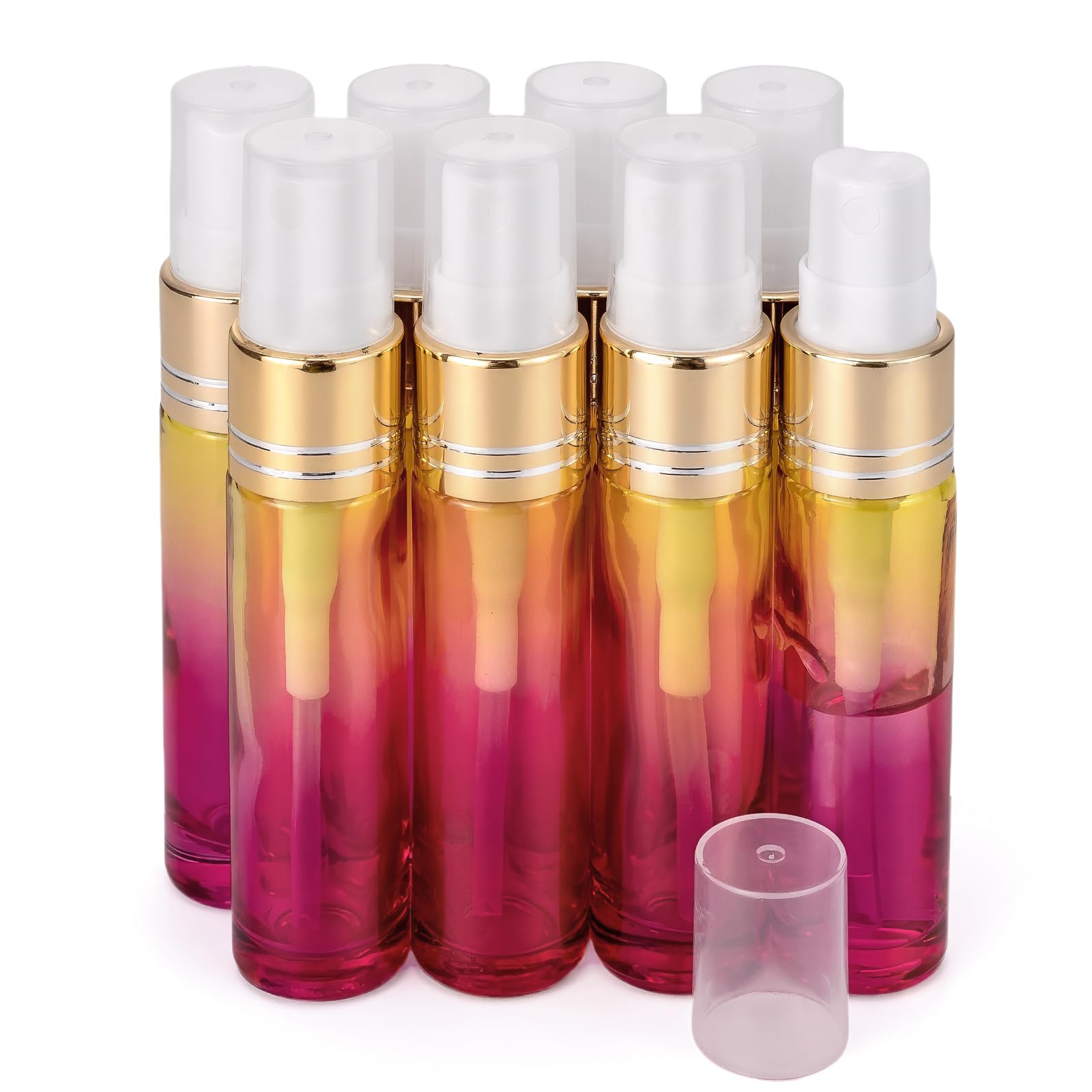 Unxuey 8pcs Gradient Rainbow Color Travel Perfume Bottles 10ml (0.3 Oz) Glass Mist Spray Golden Fine Sprayers Bottles Cosmetic Essential Oils Vials Perfume Make Up Sample Bottle