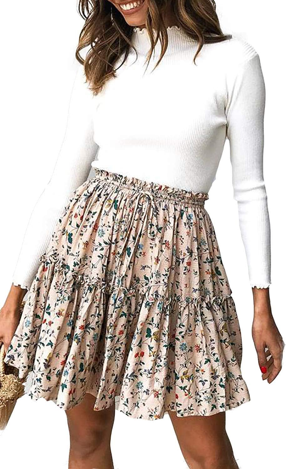 Alelly Women's Summer Cute High Waist Ruffle Skirt Floral Print Swing Beach Mini Skirt