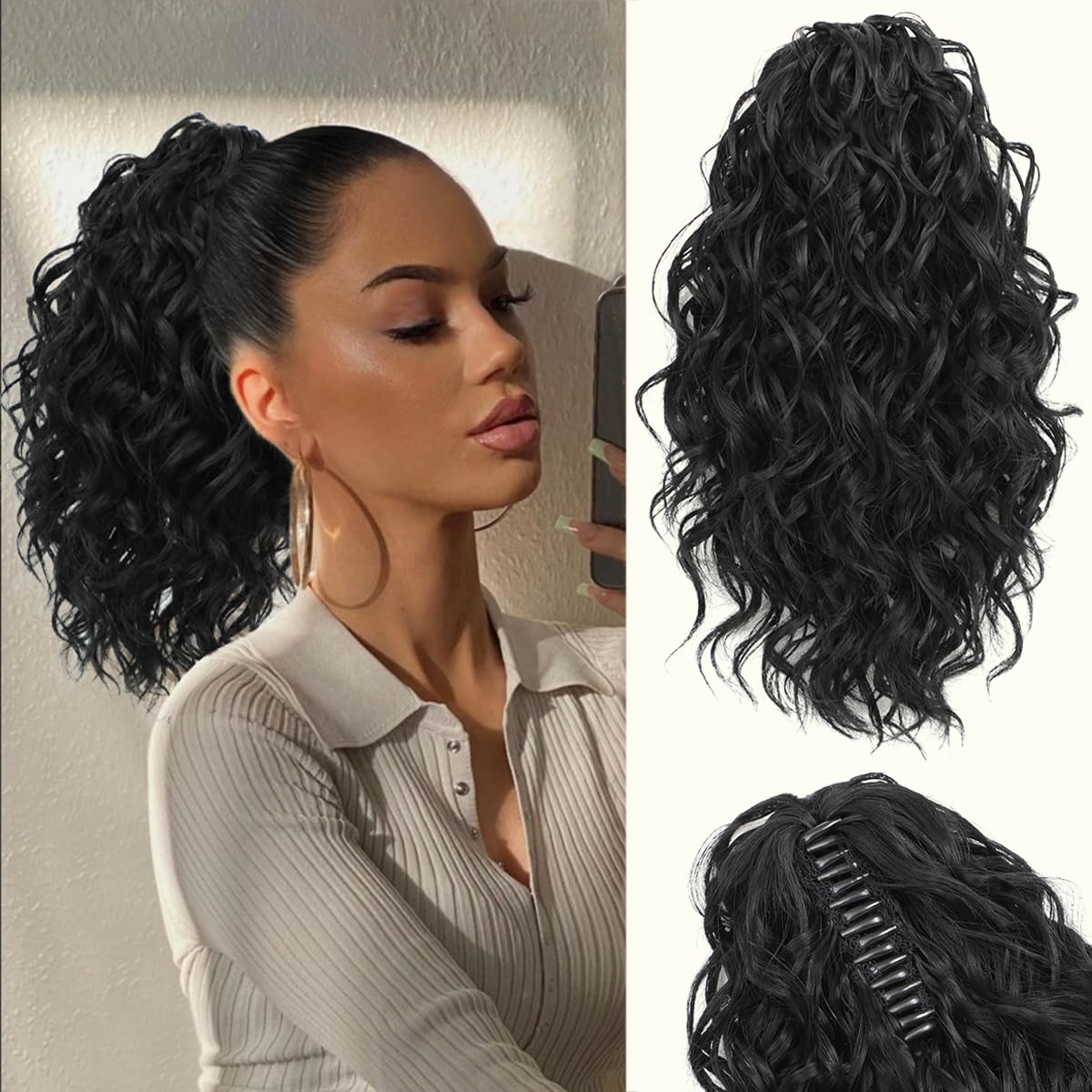 VEGALILY 12 inch Ponytail Extension Black Hair Extensions Clip in Drawstring Ponytail Synthetic Claw Clip Ponytail Hair Extensions Short Curly Hair Pieces for Women for New Look — image 1