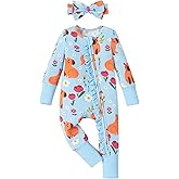 PATPAT Baby Girl Boy Footie Clothes, Bamboo Viscose, 2-Way Ruffled Zipper, Fold-Over Mittens & Cuffs with Headband