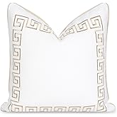 Hofdeco Premium Coastal Patio Indoor Outdoor Throw Pillow Cover Only, 20"x20" Water Repellent for Backyard, Couch, Neutral Tan Embroidered Greek Key with Piping