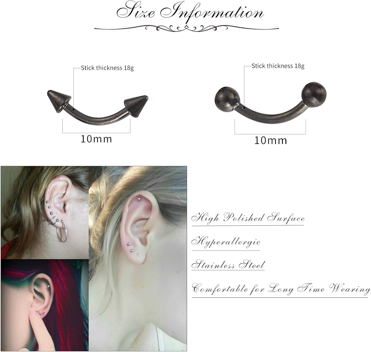 EVBEA 9PCS Nose Ring Surgical Steel Helix Piercing Earrings 18G Hoop Ring Lip Bars Helix Daith Cartilage Tragus Nose Studs Septum Piercing Jewellery (Black) - Image 5