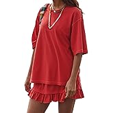 ICOBID Two Piece Skirt Set for Women Summer Casual Short Sleeve Tops Peplum Pleated Skirt Lounge Set 2 Piece Outfits