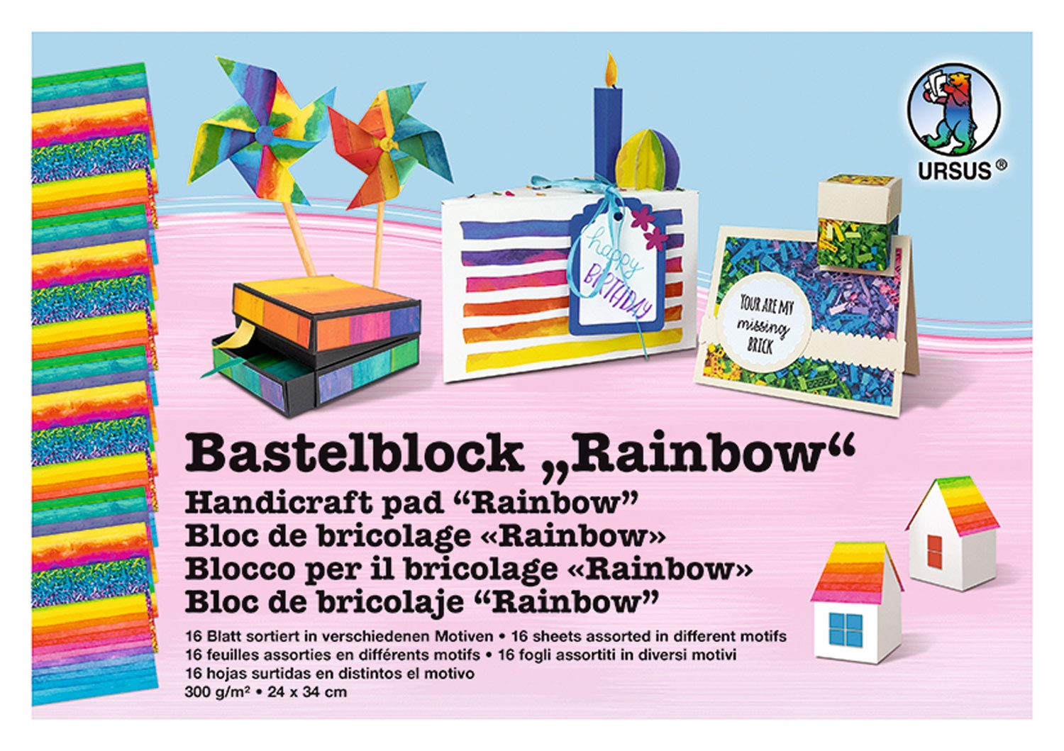 Ursus Rainbow 12690011 Craft Pad Printed on Both Sides 300 g/m2, Approx. 24 x 34 cm, 16 Sheets Assorted in 4 Designs, Made from Fresh Cellulose, for Colourful Crafts