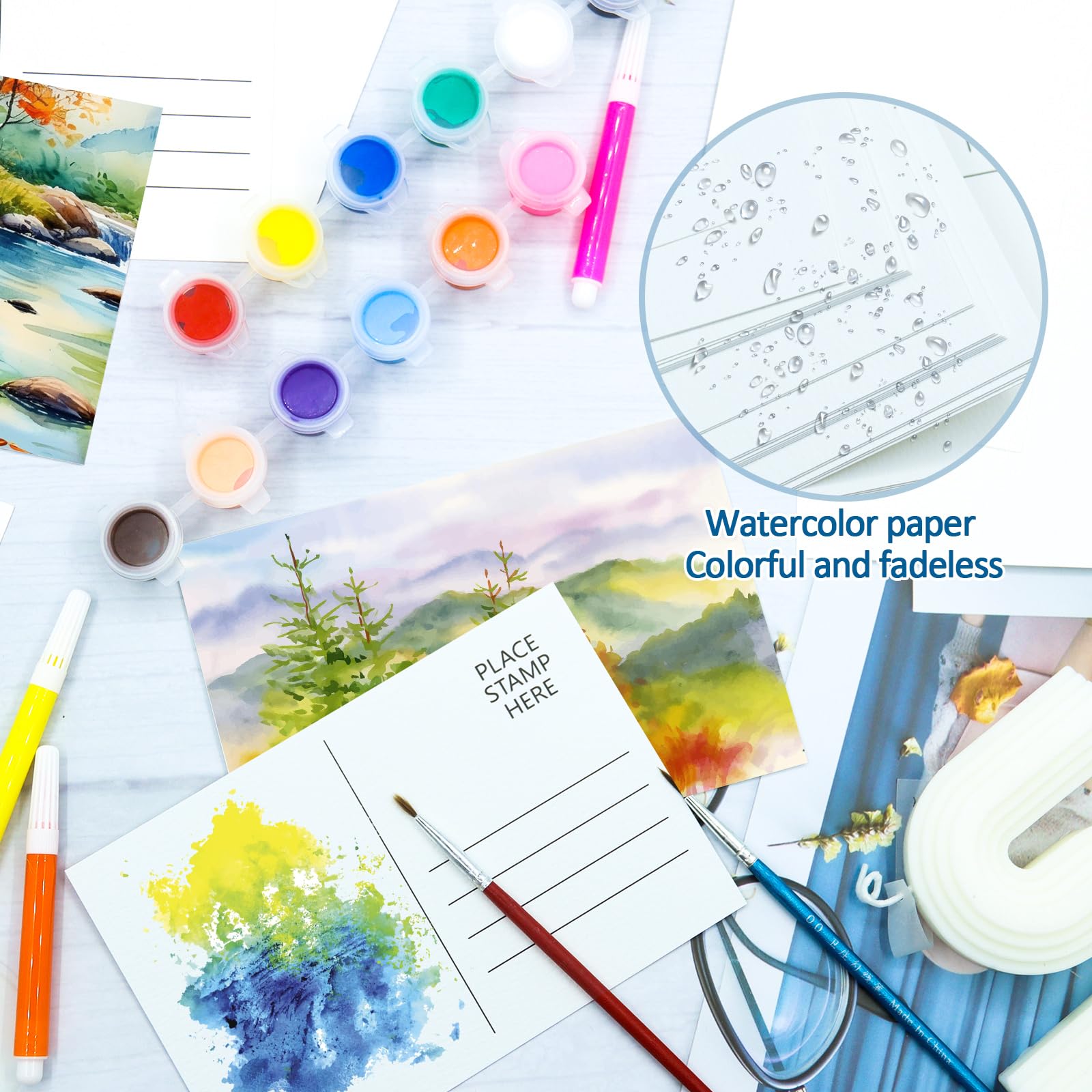 CXIIPOL 100 Sheets Watercolor Paper Postcards 4x6 Inch, 140 lb/300 GSM 100％ Pure Cotton Watercolor Paper Blank Postcards for Art Painting Creative Thank Notes, Mailing, Painting Gift Cards