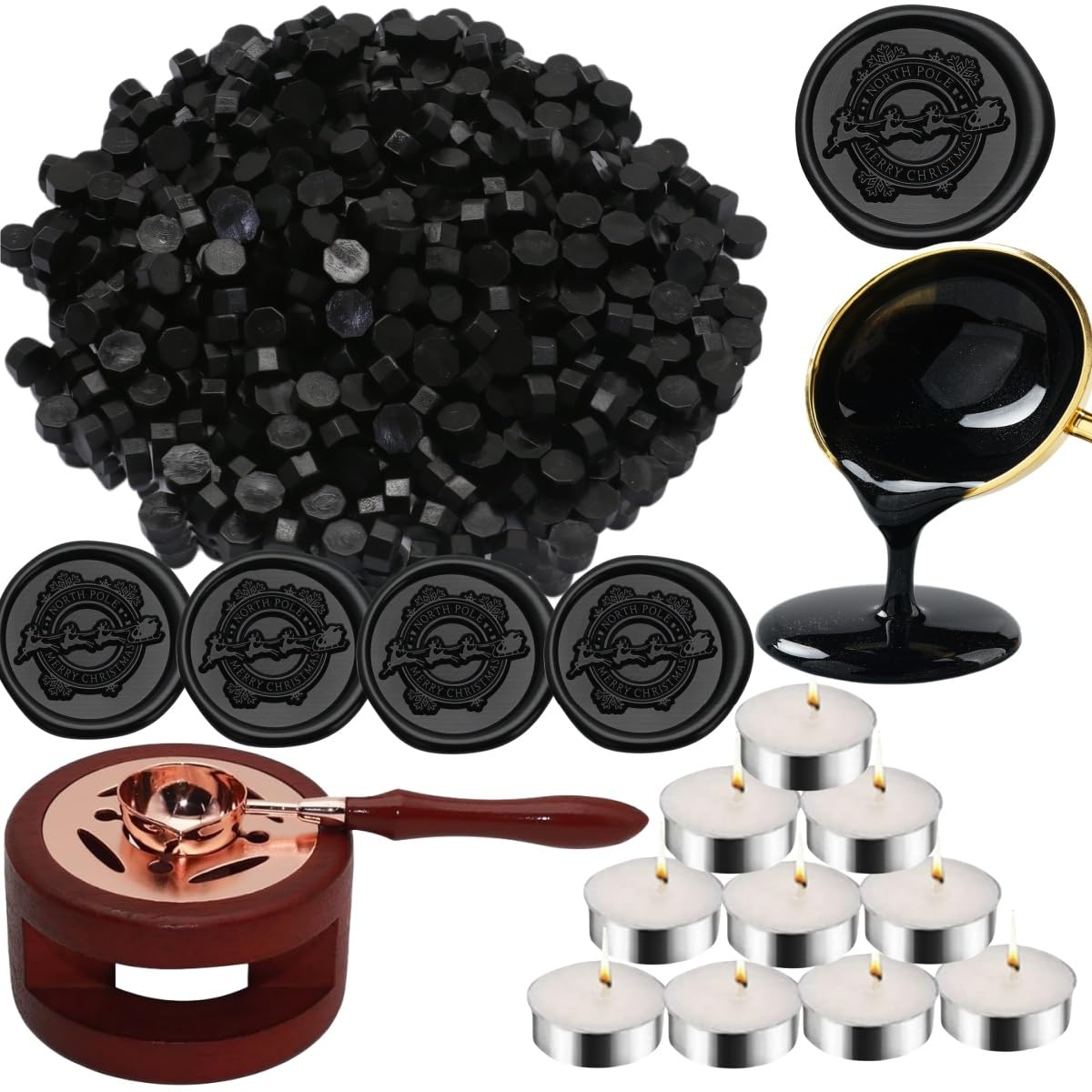 Sealing Wax Beads Kit, Atopbb 300pcs Mixed Red Color Wax Seal Beads, 1pcs Wooden WaxSeal Warmer, 1pcs Melted Spoon and 10pcs Tea Candles for WaxSealing Stamp Kit (300, Black)