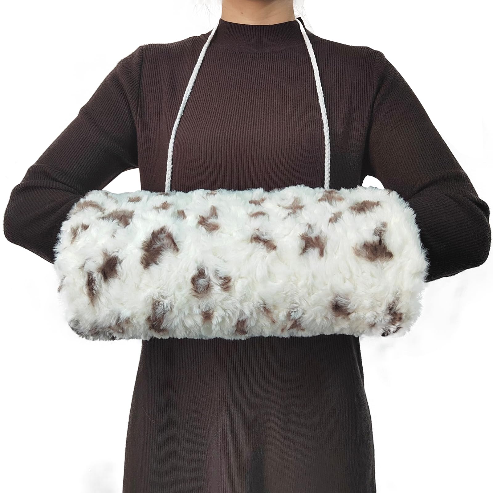 SwirlColor Faux Fur Hand Muff, Soft Hand Muff with Strap Pocket Convenient Hand Warmer Muff for Women Men, with Transparent Hook - White with Spots