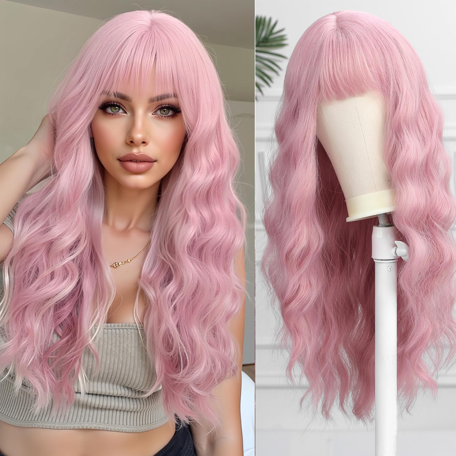Esmee Long Wavy Pink Wigs With Curtain Bangs Natural Wig Synthetic Cosplay Wigs for Women for Daily Party Cosplay Wear