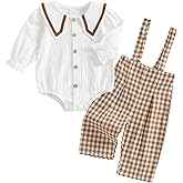Newborn Baby Girl Fall Outfit Linen Button Long Sleeve Bubble Romper Plaid Overall Suspenders Pants Clothes Set