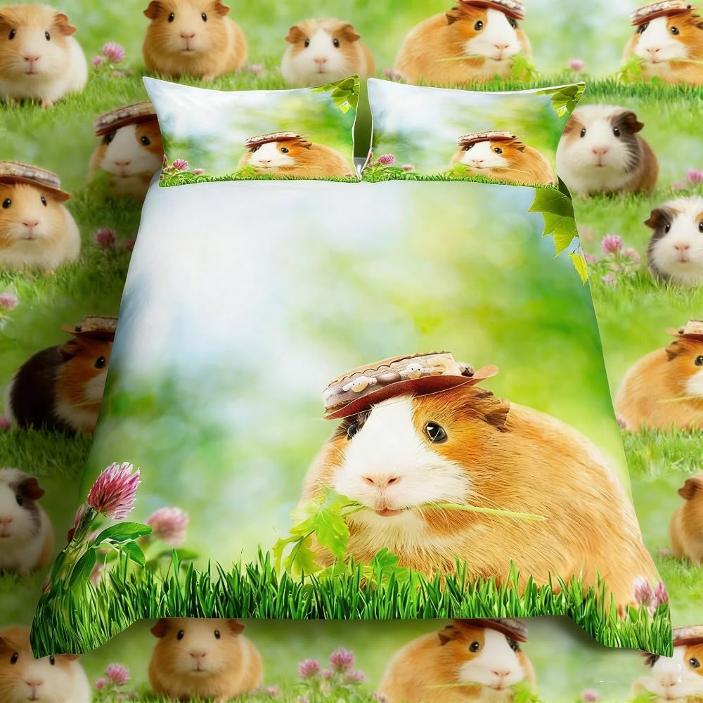 Guinea Pig Duvet Cover Cute Cavy Pattern Bedding Set 3D Animal Theme Comforter Cover for Boys Girls Children Teens Bedroom Decor Garden Nature Theme Bedspread Cover Single Size With 1 Pillow Case