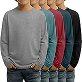 LessonZoo 5 Pack Boys' Long Sleeve Shirts 3-16 Years Crew Neck Kids T-Shirts Teen Baggy Casual Layer Solid Tops