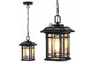 MYHXQ 10.25'' Porch Pendant Lights - Dusk to Dawn Black Exterior Hanging Lanterns, Farmhouse Outdoor Ceiling Light Fixture, Waterproof Tempered Seed Glass Chandelier 1Pack