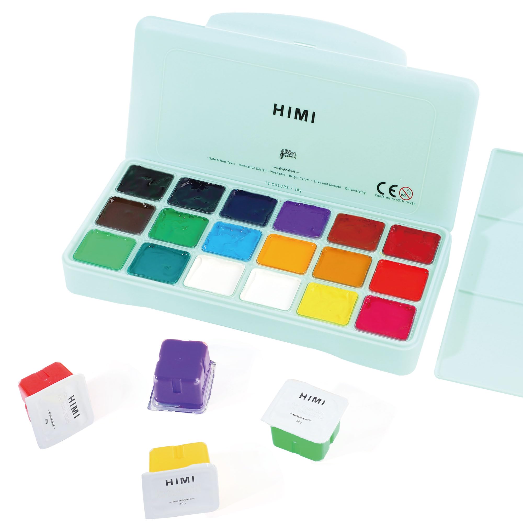 INK LAB HIMI Gouache Paint Kit 18 Vibrant Colors Non Toxic Paints Jelly Cup Design with Palette Portable for Professional Artists, Rich Pigment, 30ml/Cup