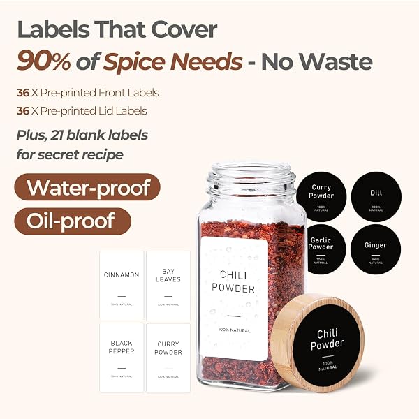 COMSAF GLASS SPICE JARS WITH WITH LABELS 4 OZ 24 PACK BAMBOO LIDS BULK SET