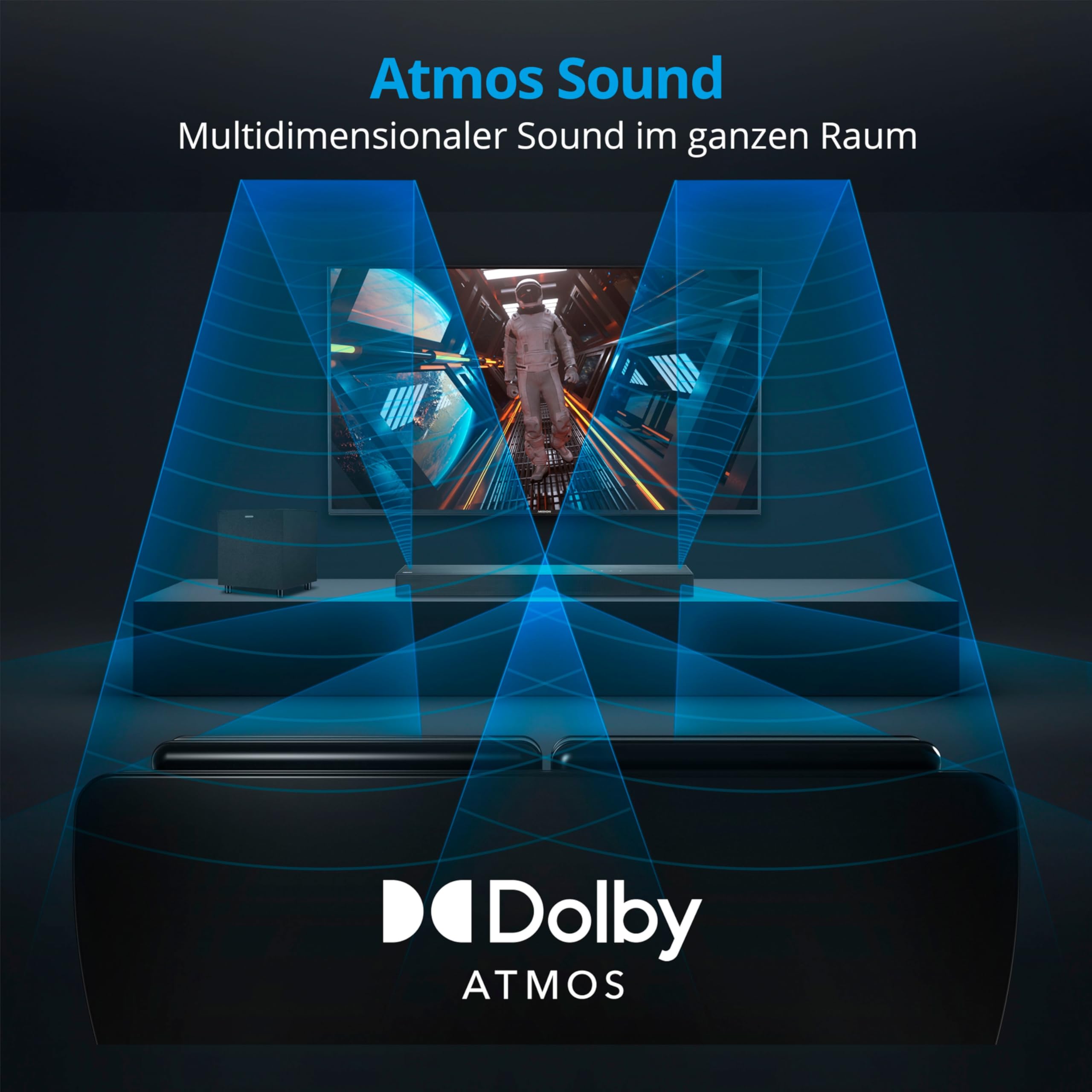 MEDION S61022 3.1 Dolby Atmos Soundbar mit kabellosen Subwoofer (für TV Geräte, Bluetooth 5.3, HDMI eARC CEC, optischer Eingang, AUX, 3 x 20 W + 60 W (RMS) Subwoofer kabellos, Fernbedienung 3