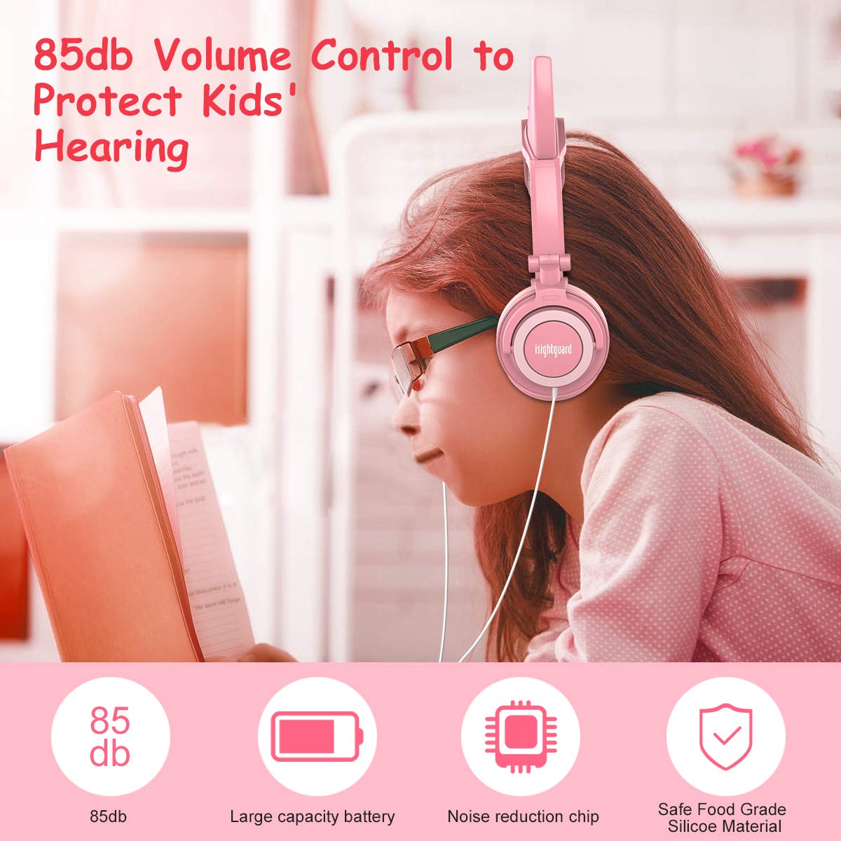 Kids Headphones,Isightguard Wired Headphones On Ear, Cat Ear Headphones with LED for Girsl, 3.5mm Audio Jack for Cell Phone,Pink