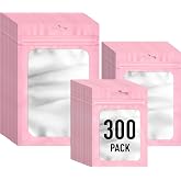ANZNKU 300 Pcs Mylar Bags 3 Size, Pink Resealable Smell Proof Bag Sealable | 4x6 In, 3x4.7 In, 4.7x7.9 In, with Frosted Clear Window, Zip Packaging Bags for Small Business Candy Treats Jewelry Favors